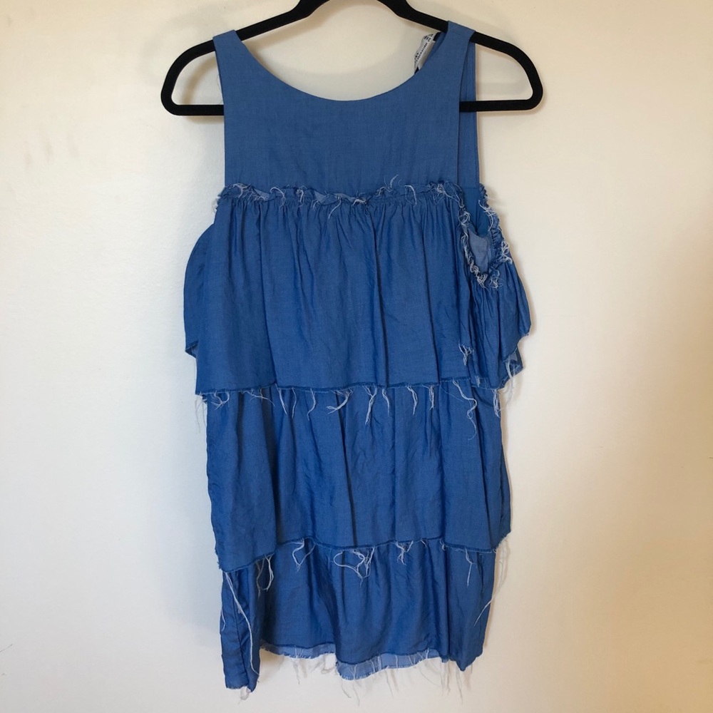 Zara | off the shoulder frayed denim dress